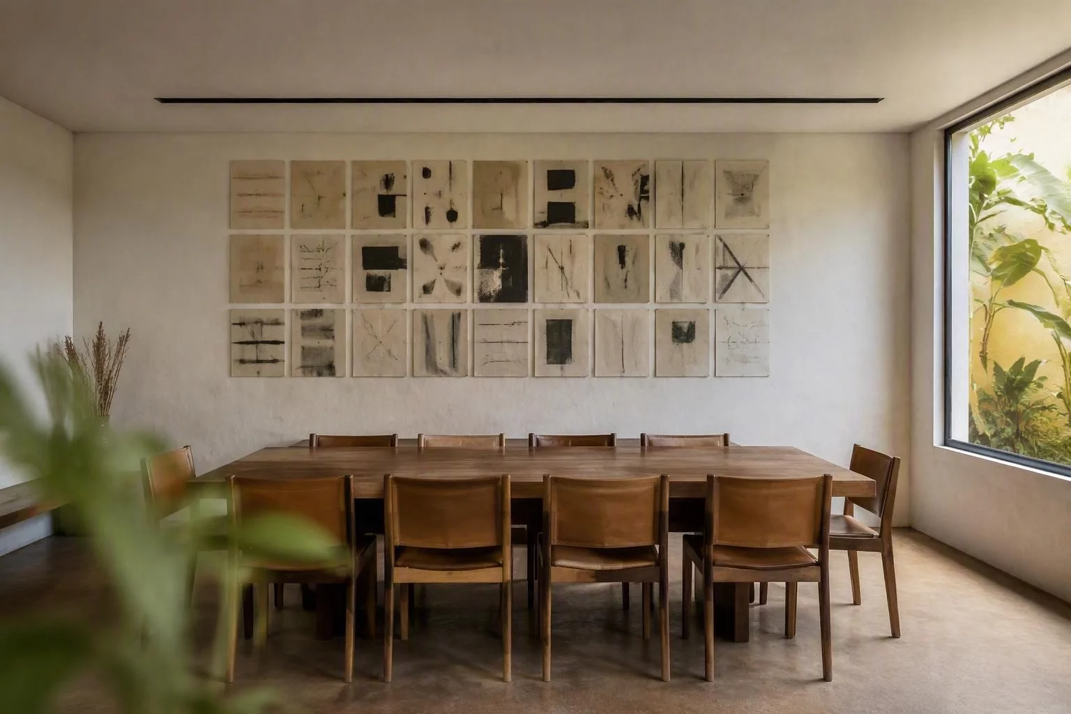 Sala de reunião vazia com o painel da marca ao fundo